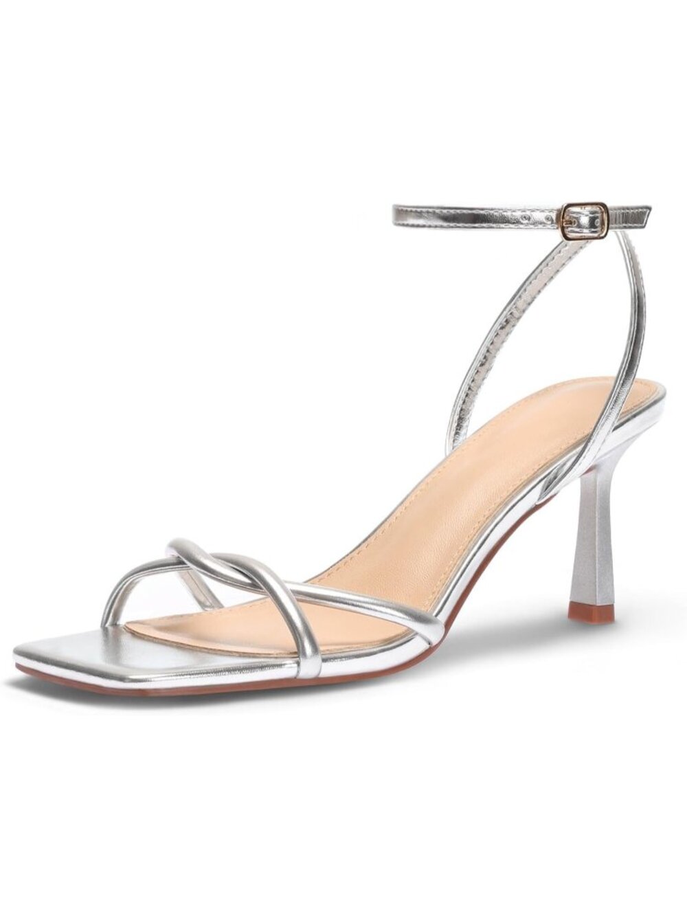 Women's Silver Elegant Square Open Toe Strappy Comfortable Kitten Heels Sandals